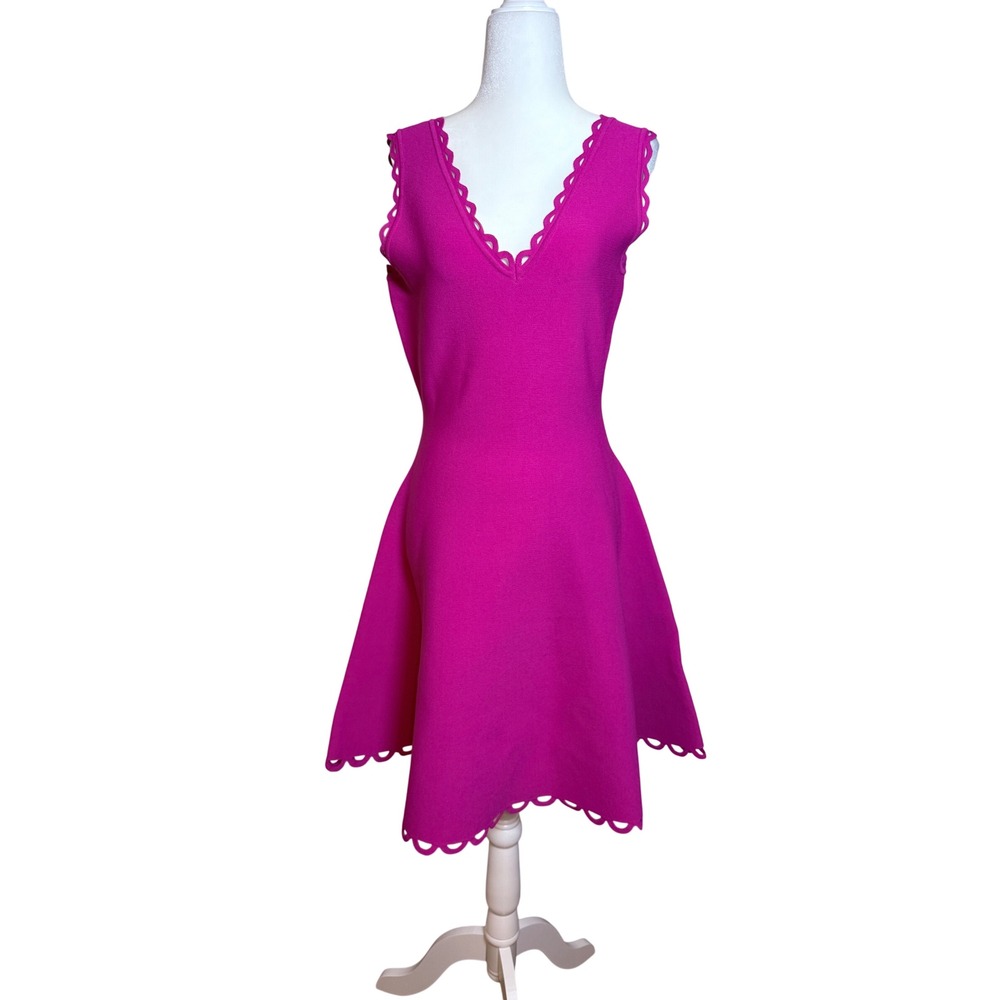 Milly Magenta Scallop Trim Fit Flare Knit Dress Pink Cocktail Party M